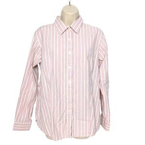 LL Bean Womens Button Down Shirt Large Pink White Striped